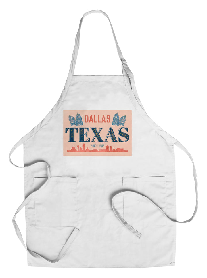 Dallas, Texas, Whimsy City Collection, Skyline and State Flowers, Towels and Aprons Kitchen Lantern Press Chef's Apron 