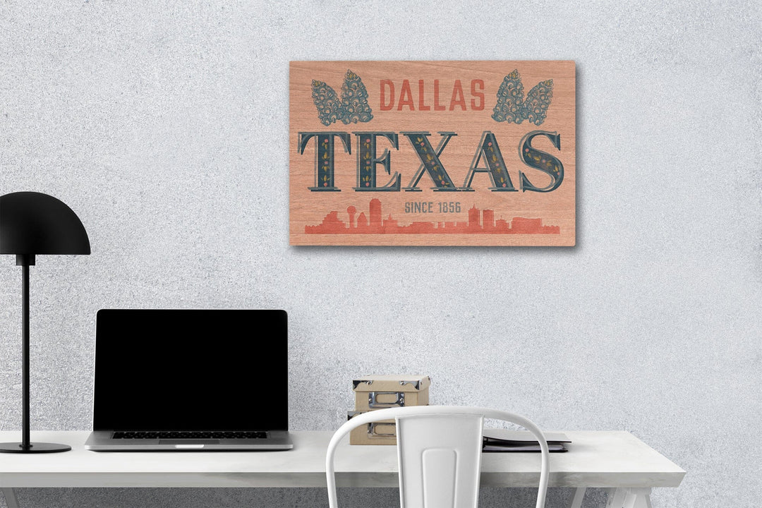 Dallas, Texas, Whimsy City Collection, Skyline and State Flowers, Wood Signs and Postcards Wood Lantern Press 12 x 18 Wood Gallery Print 