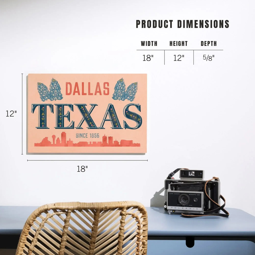 Dallas, Texas, Whimsy City Collection, Skyline and State Flowers, Wood Signs and Postcards - Lantern Press