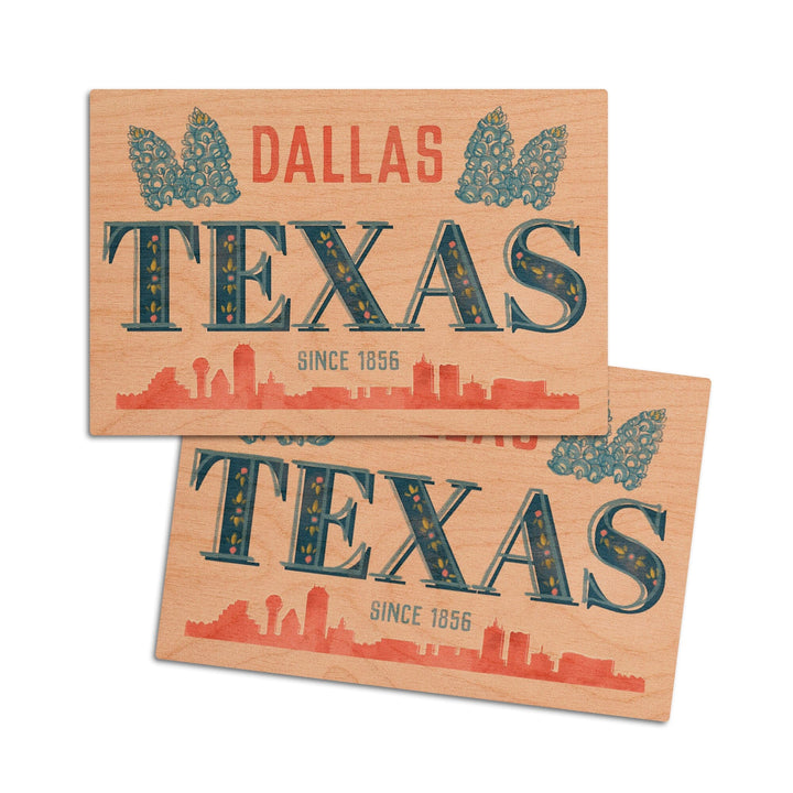 Dallas, Texas, Whimsy City Collection, Skyline and State Flowers, Wood Signs and Postcards Wood Lantern Press 4x6 Wood Postcard Set 