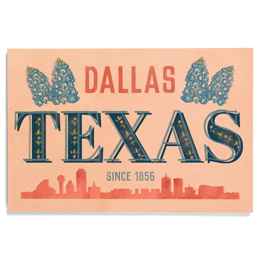 Dallas, Texas, Whimsy City Collection, Skyline and State Flowers, Wood Signs and Postcards Wood Lantern Press 
