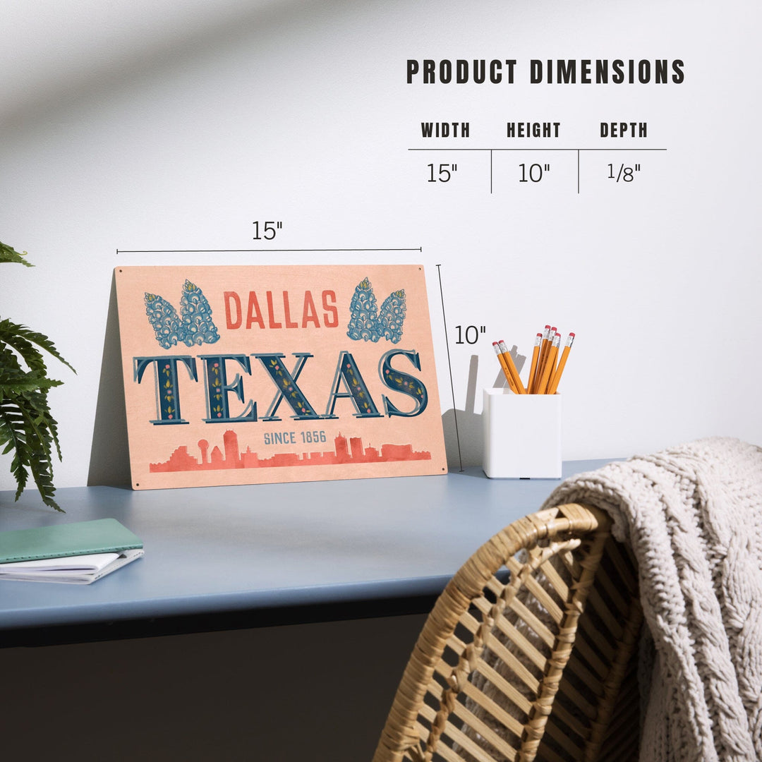 Dallas, Texas, Whimsy City Collection, Skyline and State Flowers, Wood Signs and Postcards Wood Lantern Press 