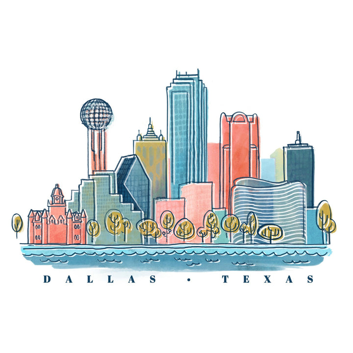 Dallas, Texas, Whimsy City Collection, Skyline, Towels and Aprons Kitchen Lantern Press 