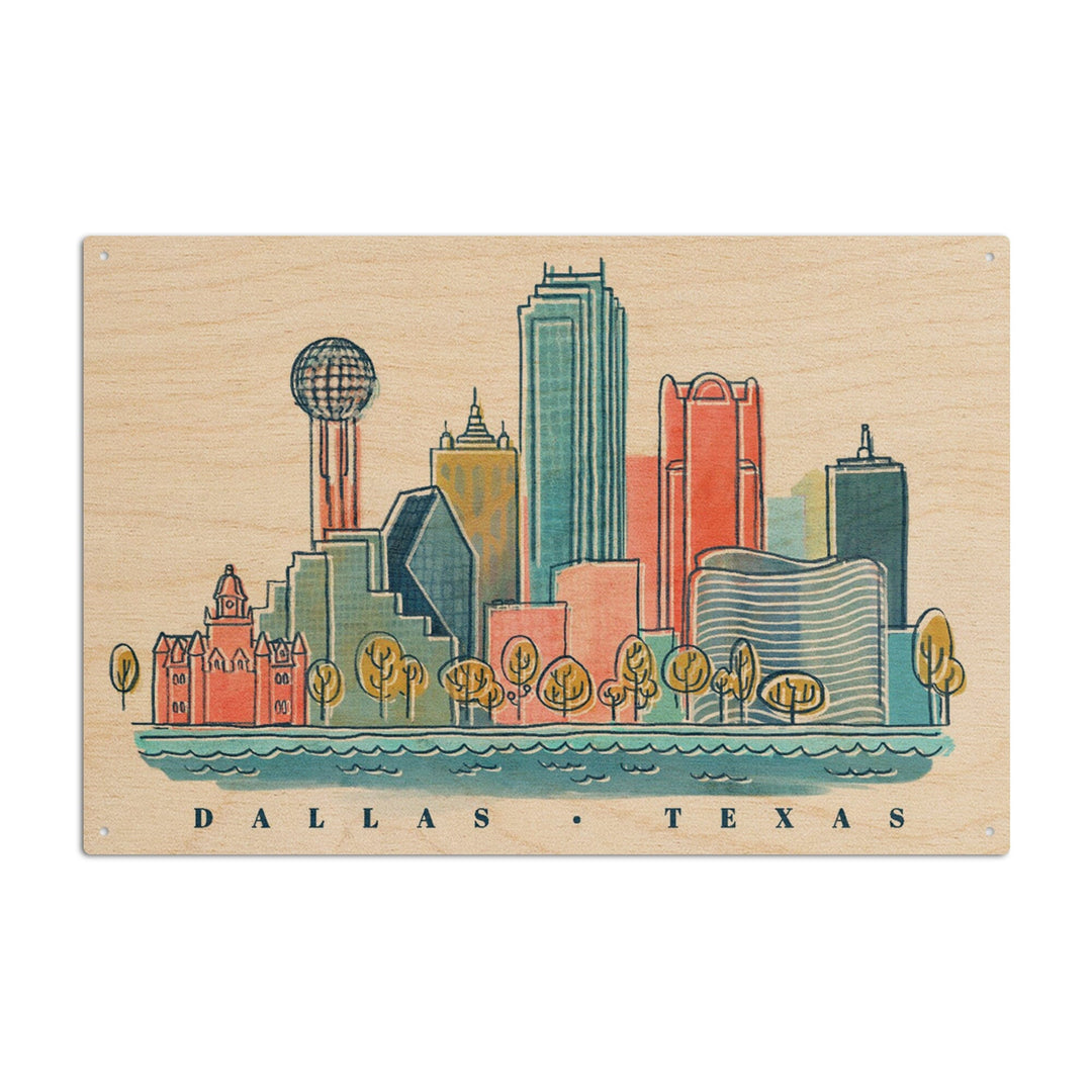 Dallas, Texas, Whimsy City Collection, Skyline, Wood Signs and Postcards Wood Lantern Press 10 x 15 Wood Sign 