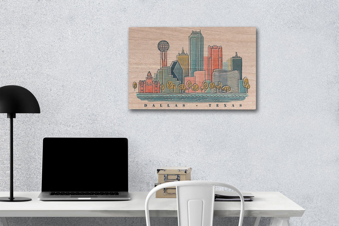 Dallas, Texas, Whimsy City Collection, Skyline, Wood Signs and Postcards Wood Lantern Press 12 x 18 Wood Gallery Print 