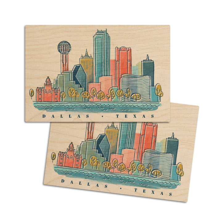 Dallas, Texas, Whimsy City Collection, Skyline, Wood Signs and Postcards Wood Lantern Press 4x6 Wood Postcard Set 