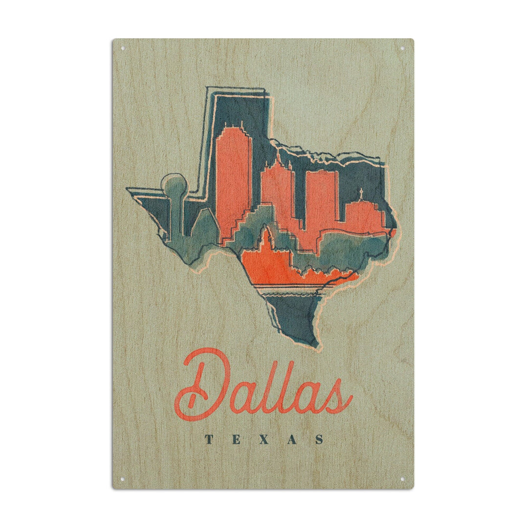Dallas, Texas, Whimsy City Collection, State and Skyline, Wood Signs and Postcards Wood Lantern Press 10 x 15 Wood Sign 