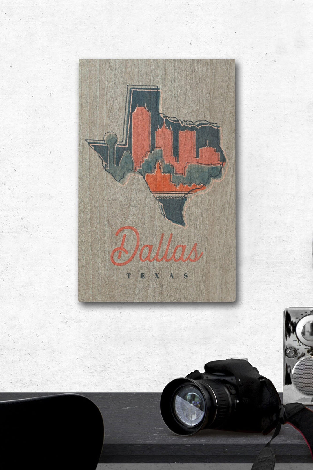 Dallas, Texas, Whimsy City Collection, State and Skyline, Wood Signs and Postcards Wood Lantern Press 12 x 18 Wood Gallery Print 