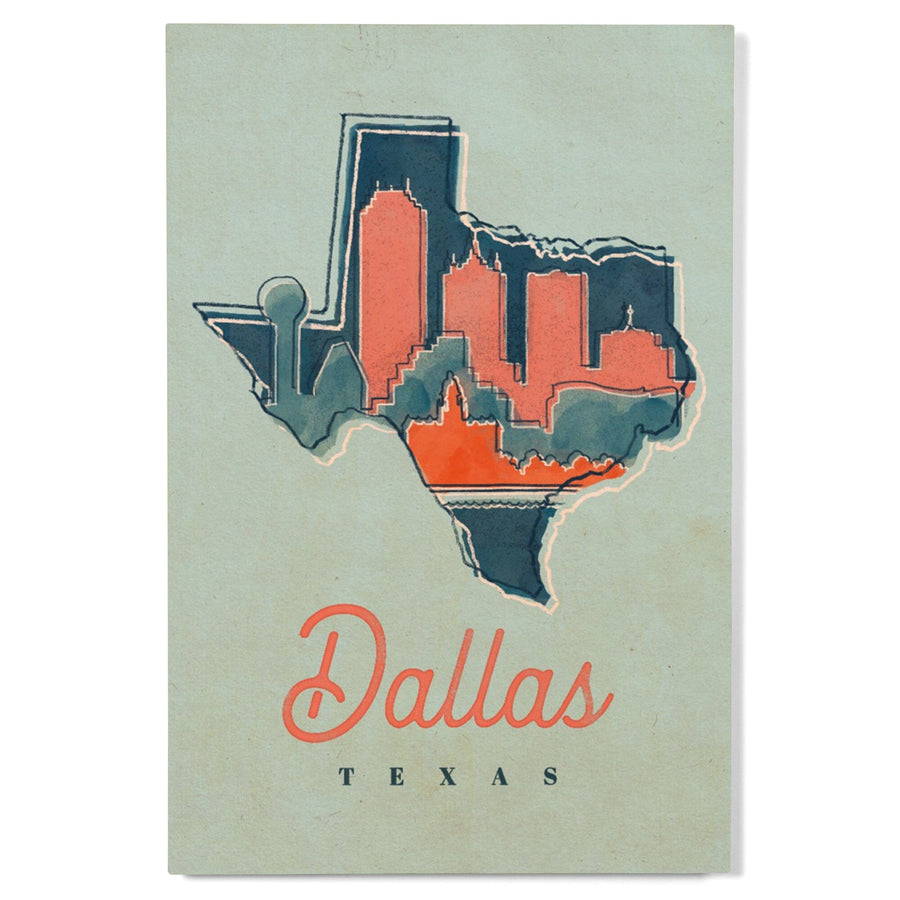 Dallas, Texas, Whimsy City Collection, State and Skyline, Wood Signs and Postcards Wood Lantern Press 