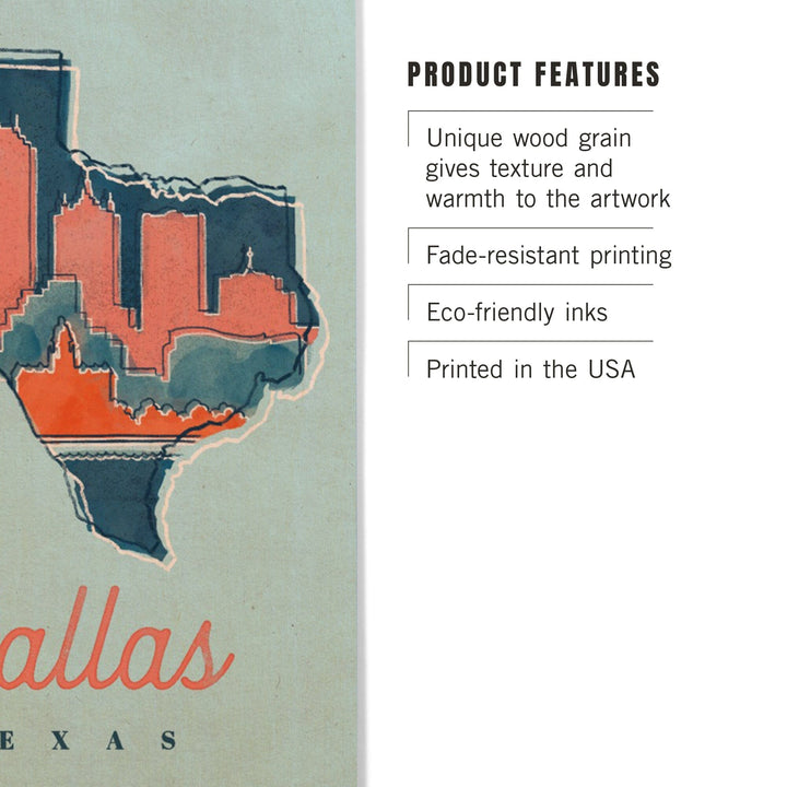 Dallas, Texas, Whimsy City Collection, State and Skyline, Wood Signs and Postcards Wood Lantern Press 