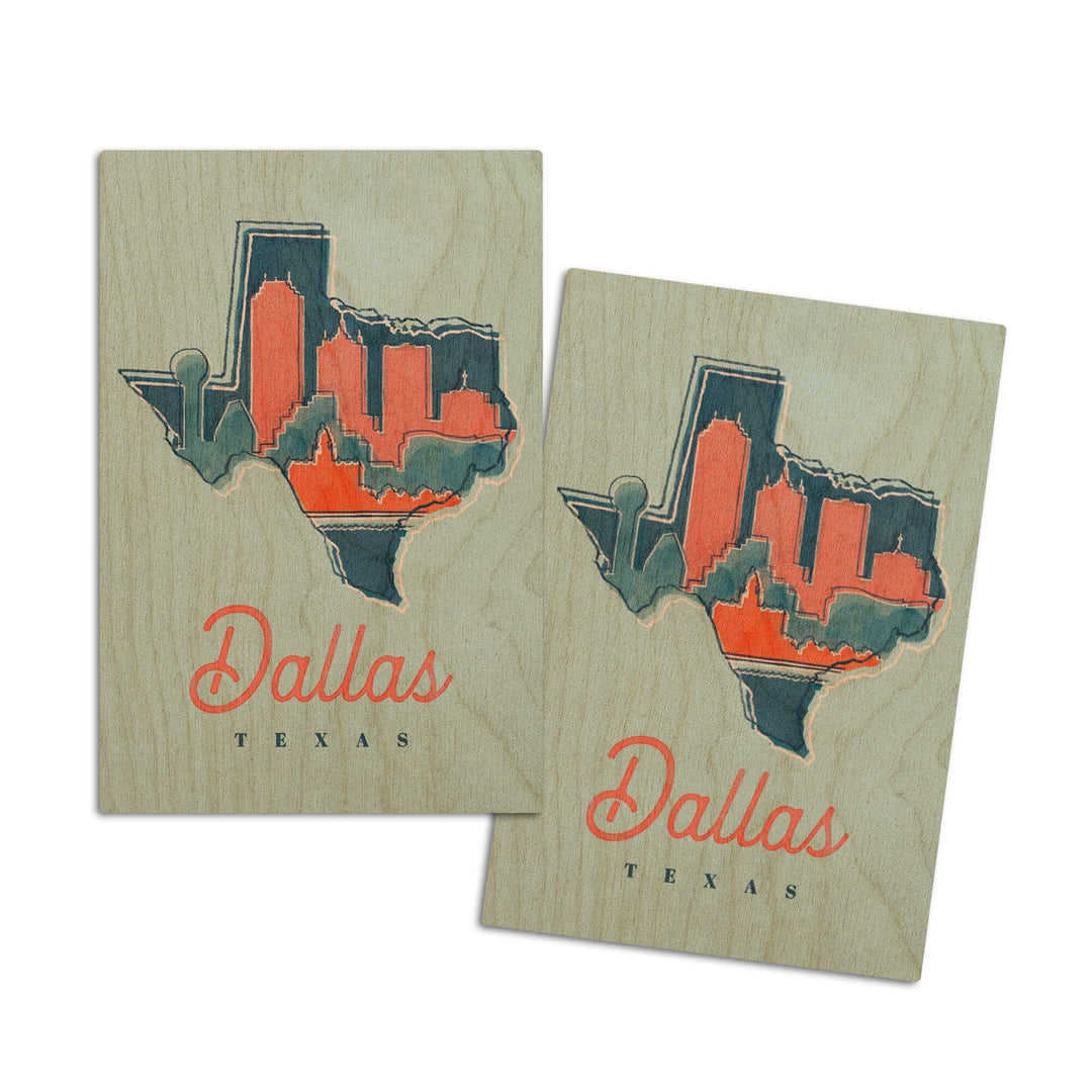 Dallas, Texas, Whimsy City Collection, State and Skyline, Wood Signs and Postcards Wood Lantern Press 4x6 Wood Postcard Set 