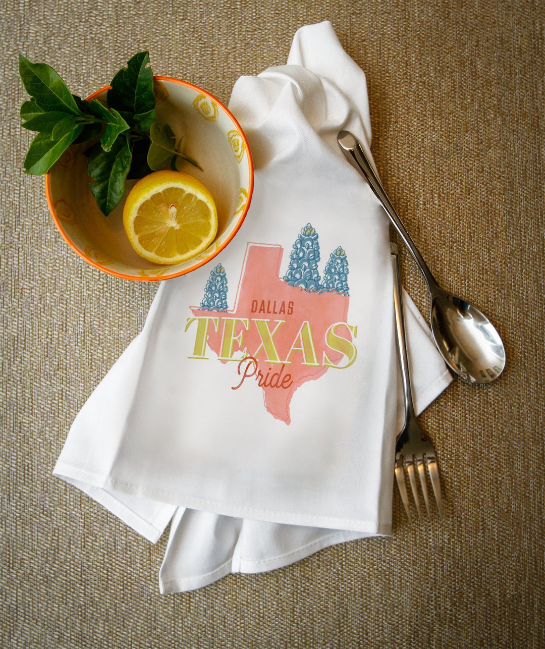 Dallas, Texas, Whimsy City Collection, State Pride and Flowers, Contour, Towels and Aprons Kitchen Lantern Press 