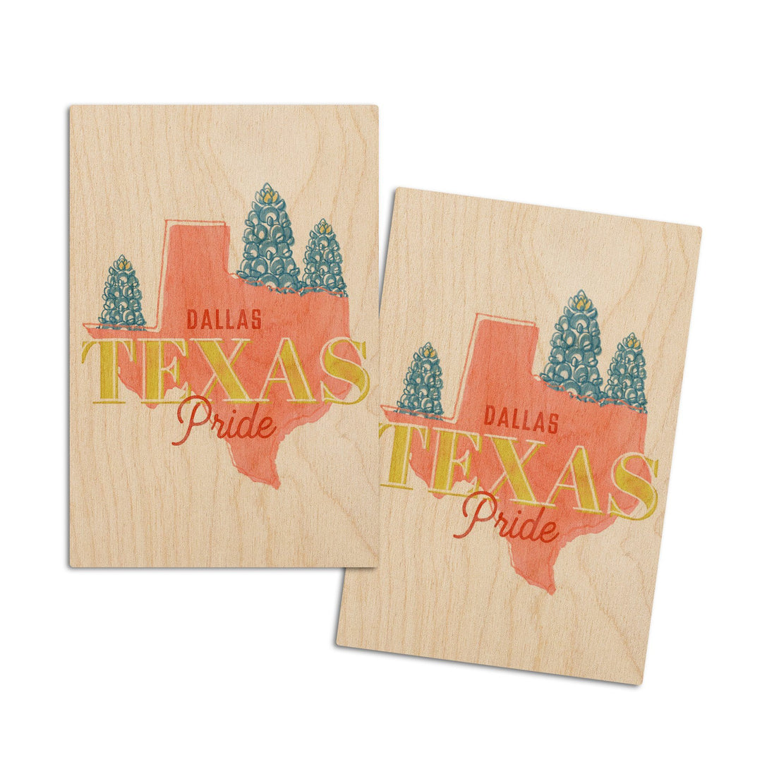 Dallas, Texas, Whimsy City Collection, State Pride and Flowers, Contour, Wood Signs and Postcards Wood Lantern Press 4x6 Wood Postcard Set 