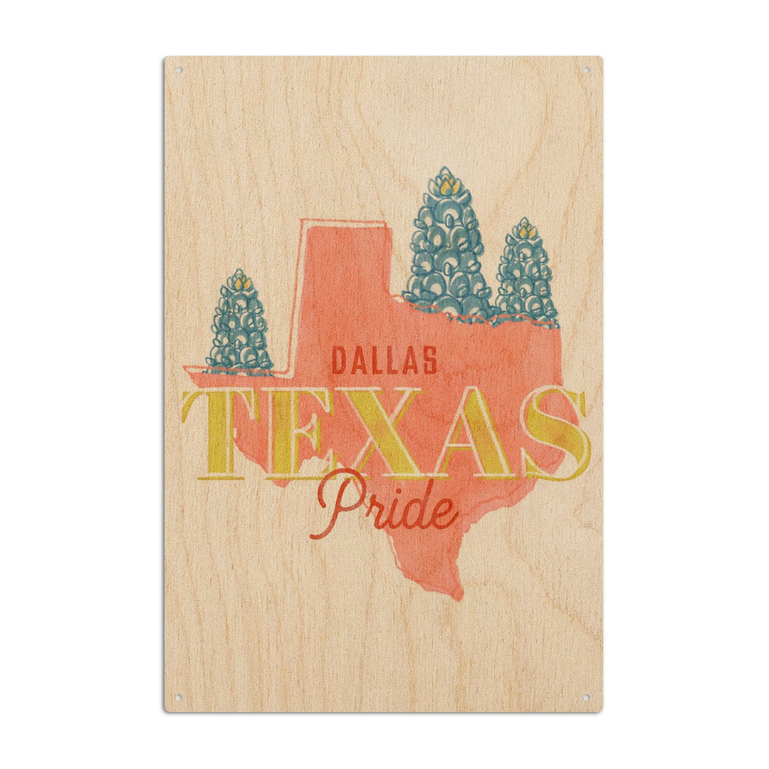 Dallas, Texas, Whimsy City Collection, State Pride and Flowers, Contour, Wood Signs and Postcards Wood Lantern Press 6x9 Wood Sign 