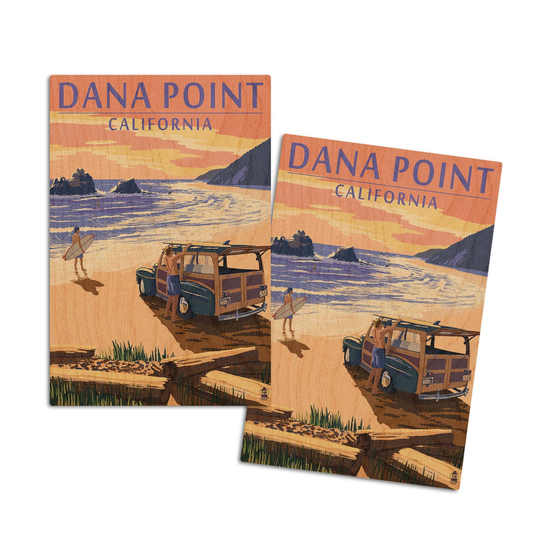 Dana Point, California, Woody on Beach, Lantern Press Artwork, Wood Signs and Postcards Wood Lantern Press 4x6 Wood Postcard Set 