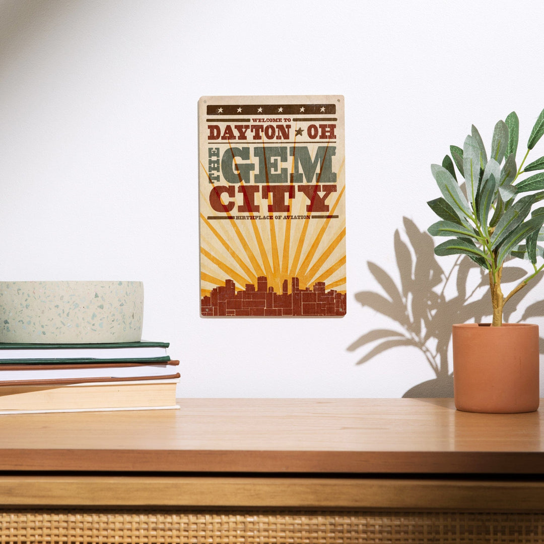 Dayton, Ohio, Skyline & Sunburst Screenprint Style, Lantern Press Artwork, Wood Signs and Postcards Wood Lantern Press 