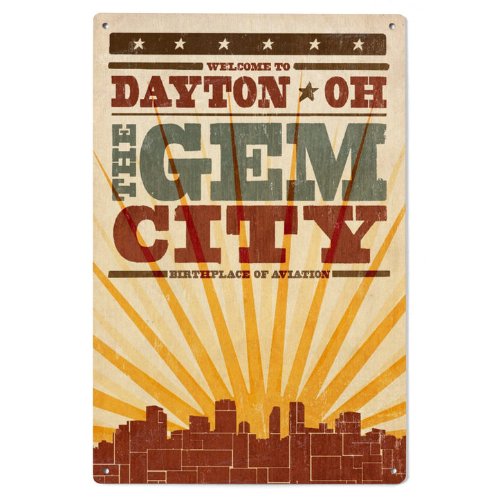 Dayton, Ohio, Skyline & Sunburst Screenprint Style, Lantern Press Artwork, Wood Signs and Postcards Wood Lantern Press 
