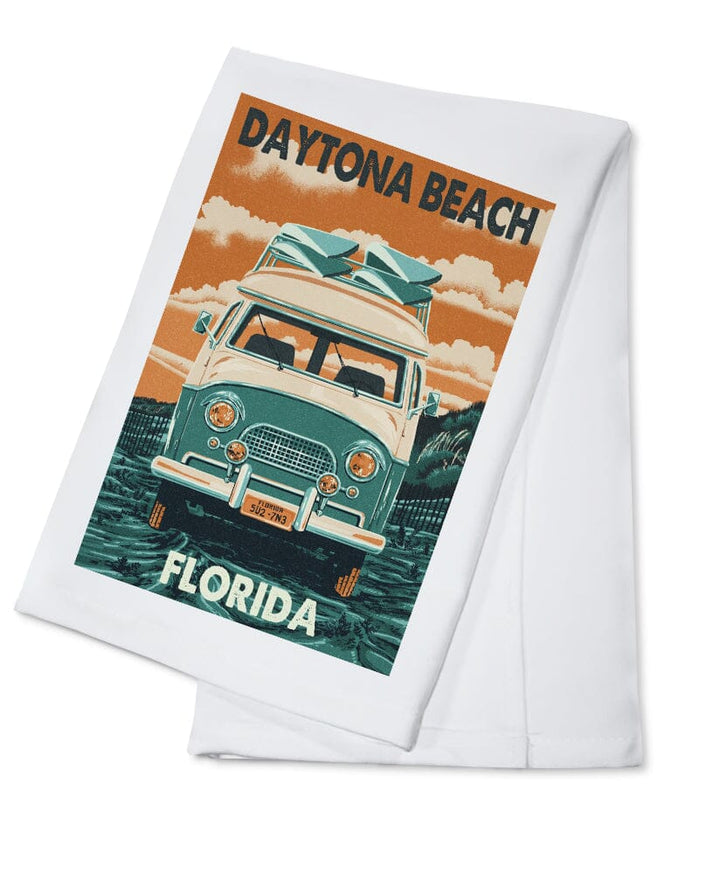Daytona Beach, Florida, Letterpress, Camper Van, Lantern Press Artwork Kitchen Lantern Press Cotton Towel 