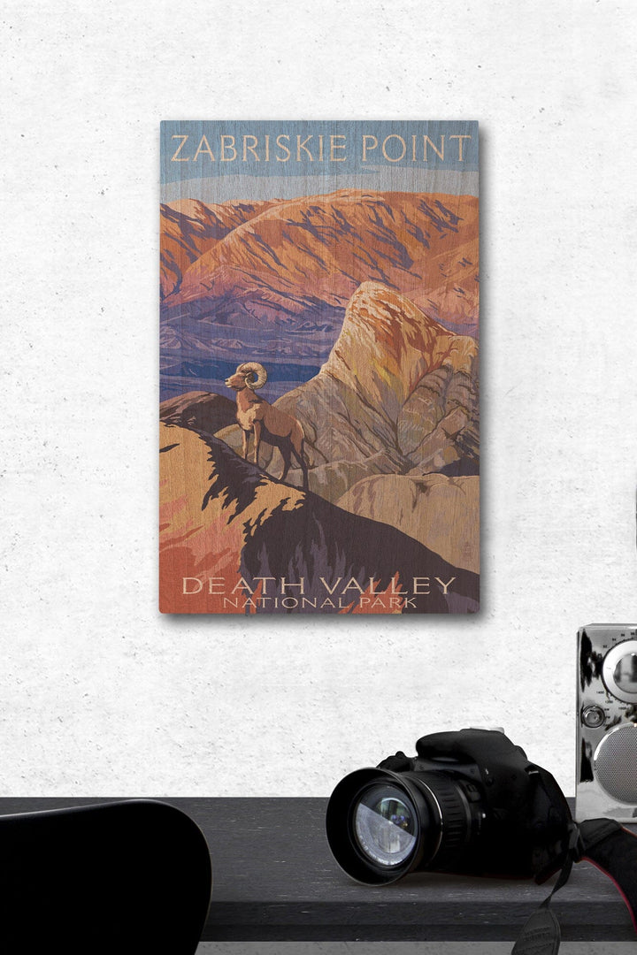 Death Valley National Park, California, Zabriskie Point & Bighorns, Painterly Series, Lantern Press Artwork, Wood Signs and Postcards Wood Lantern Press 12 x 18 Wood Gallery Print 