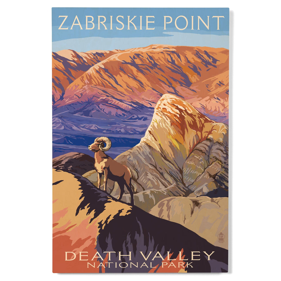 Death Valley National Park, California, Zabriskie Point & Bighorns, Painterly Series, Lantern Press Artwork, Wood Signs and Postcards Wood Lantern Press 