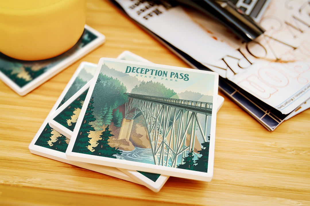 Deception Pass State Park, Washington, Lithograph, Lantern Press Artwork, Coaster Set Coasters Lantern Press 
