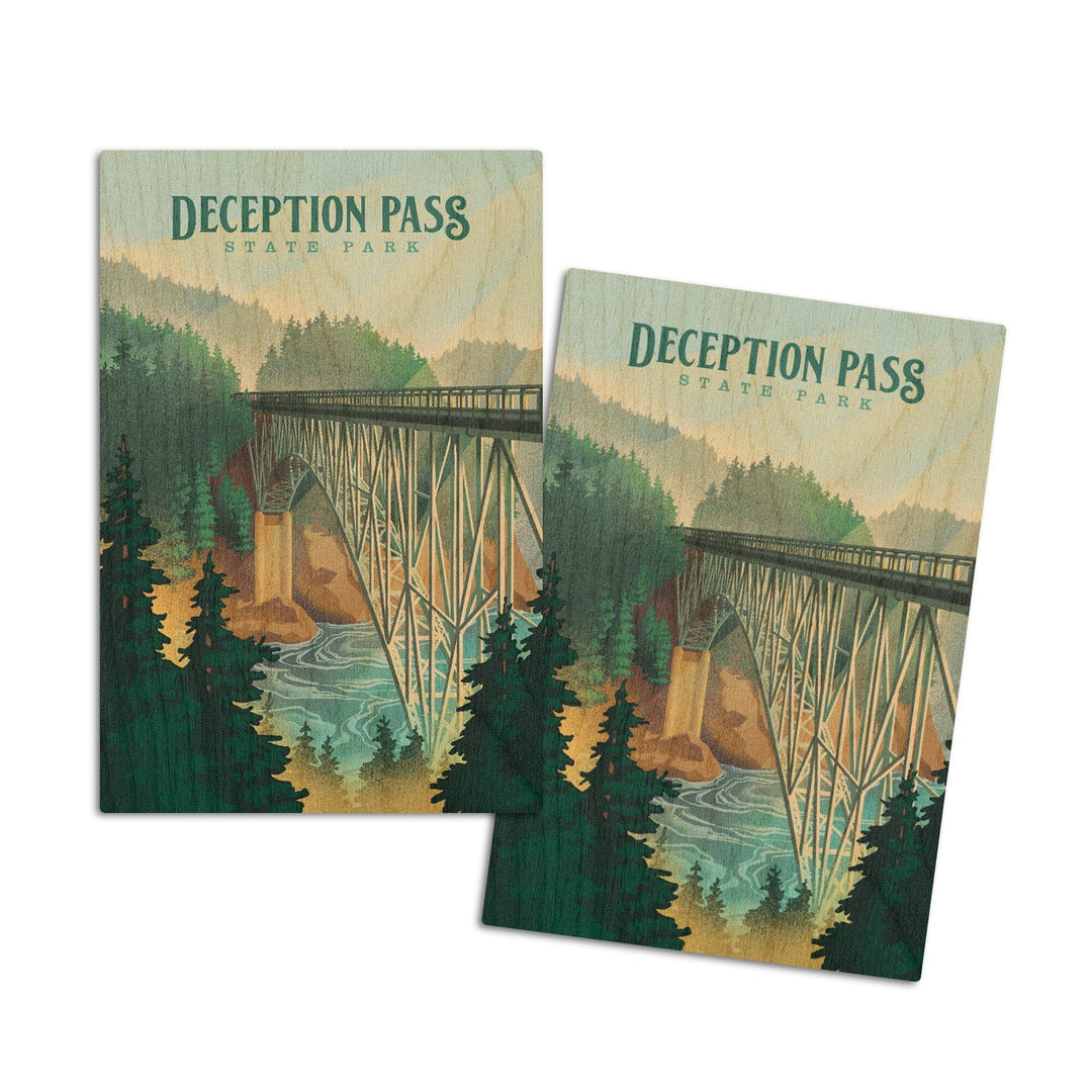 Deception Pass State Park, Washington, Lithograph, Lantern Press Artwork, Wood Signs and Postcards Wood Lantern Press 4x6 Wood Postcard Set 