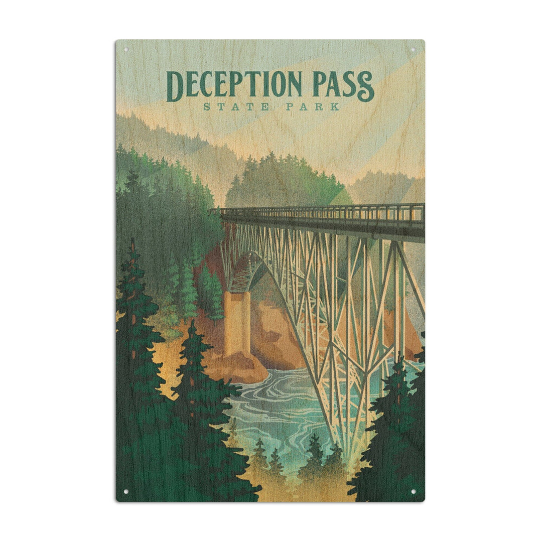 Deception Pass State Park, Washington, Lithograph, Lantern Press Artwork, Wood Signs and Postcards Wood Lantern Press 6x9 Wood Sign 
