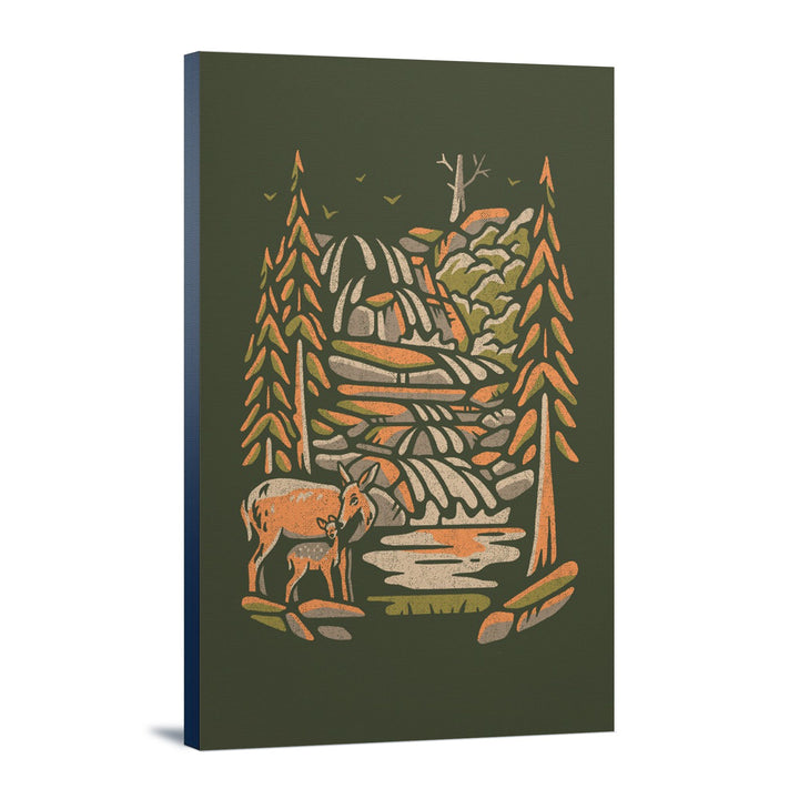Deer & Waterfall, Distressed Vector, Lantern Press Artwork, Stretched Canvas Canvas Lantern Press 12x18 Stretched Canvas 