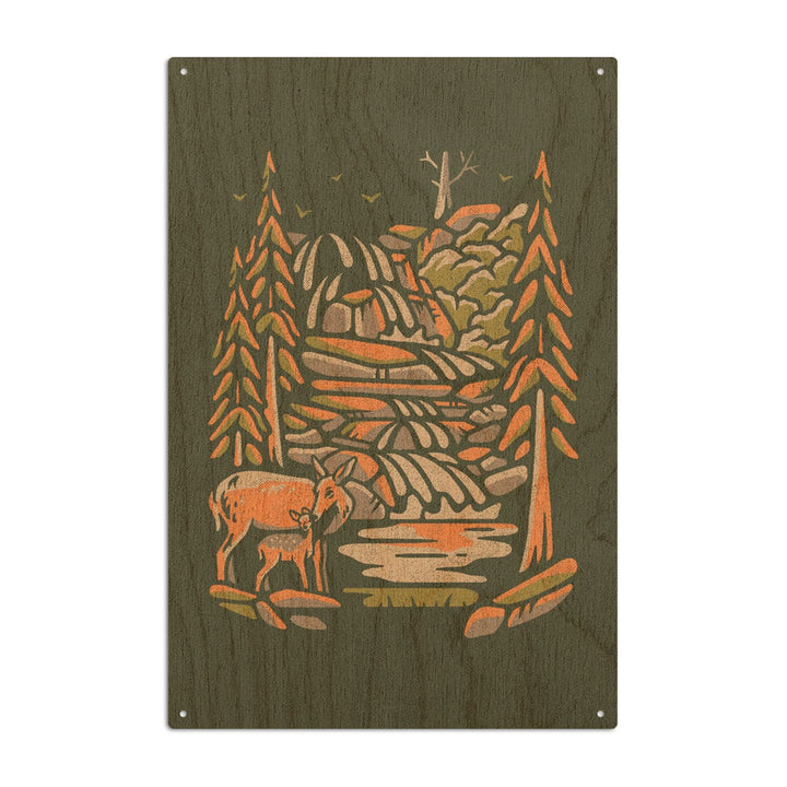 Deer & Waterfall, Distressed Vector, Lantern Press Artwork, Wood Signs and Postcards Wood Lantern Press 10 x 15 Wood Sign 