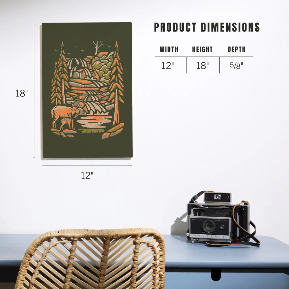 Deer & Waterfall, Distressed Vector, Lantern Press Artwork, Wood Signs and Postcards - Lantern Press