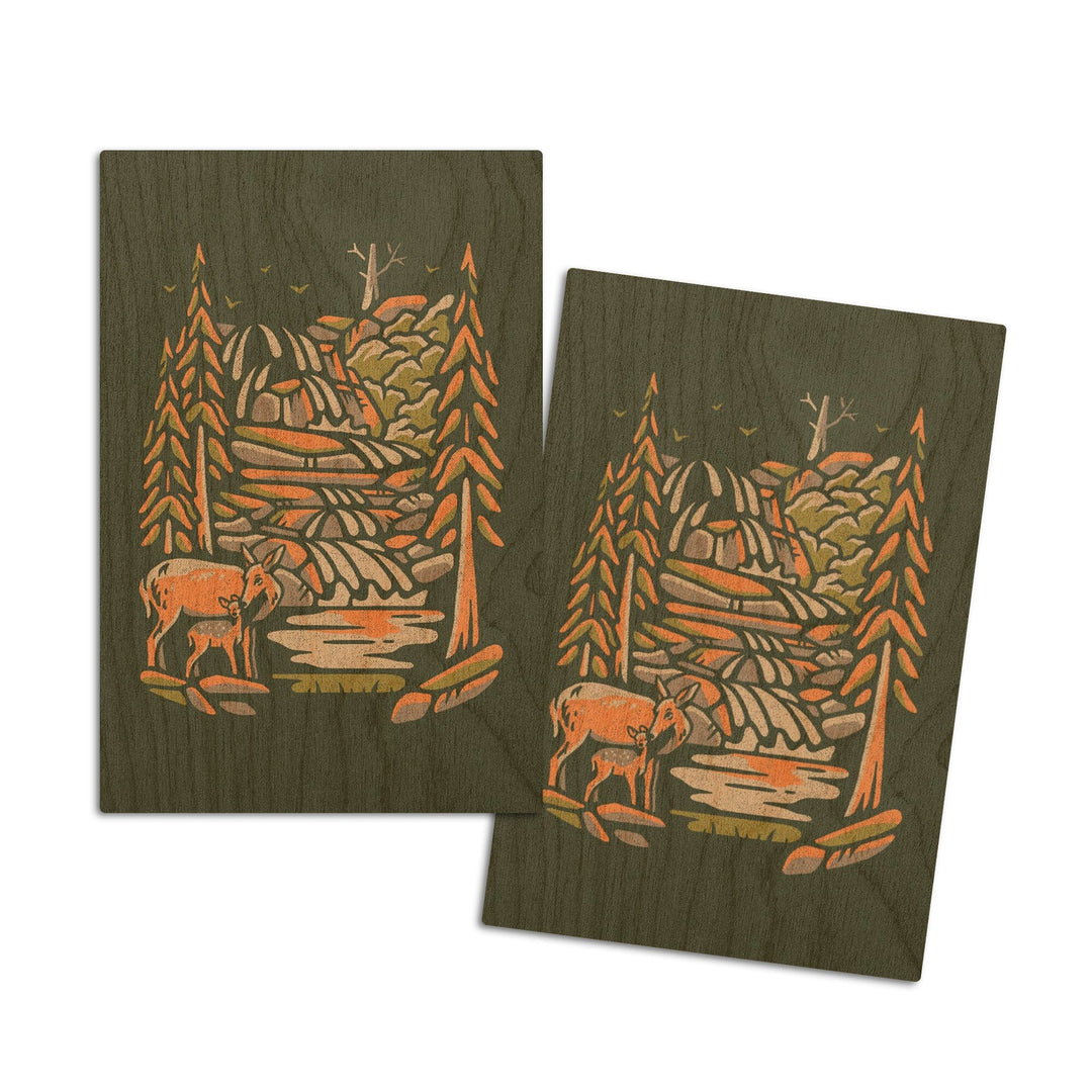 Deer & Waterfall, Distressed Vector, Lantern Press Artwork, Wood Signs and Postcards Wood Lantern Press 4x6 Wood Postcard Set 