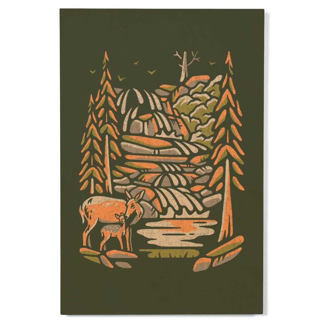 Deer & Waterfall, Distressed Vector, Lantern Press Artwork, Wood Signs and Postcards Wood Lantern Press 