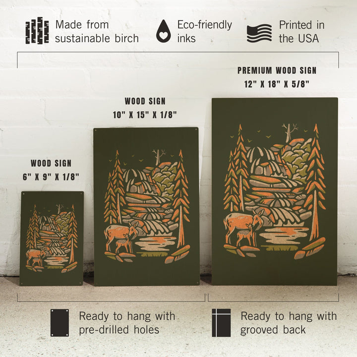 Deer & Waterfall, Distressed Vector, Lantern Press Artwork, Wood Signs and Postcards Wood Lantern Press 