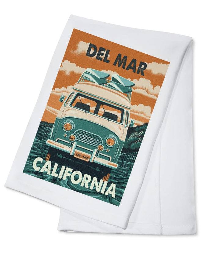 Del Mar, California, Letterpress, Camper Van, Beach, Lantern Press Artwork Kitchen Lantern Press Cotton Towel 