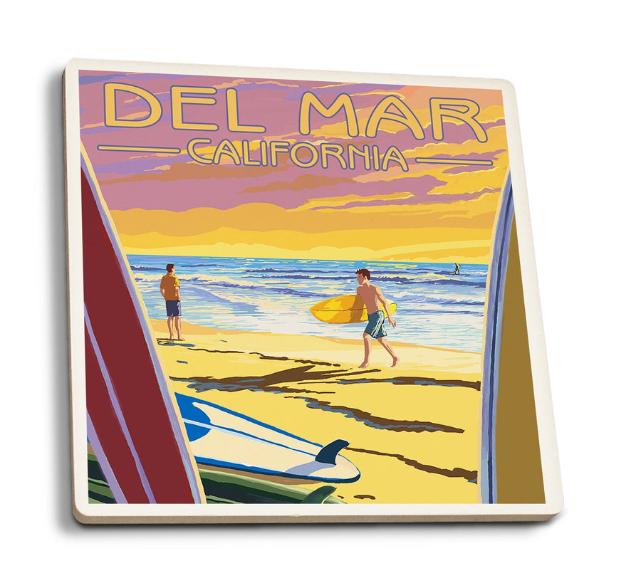 Del Mar, California, Surfers at Sunset, Lantern Press Artwork, Coaster Set Coasters Lantern Press 