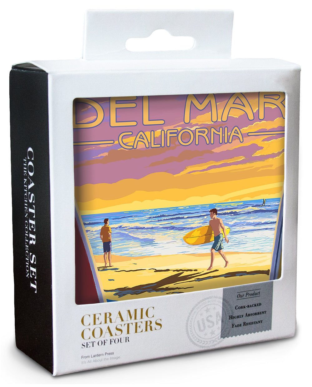 Del Mar, California, Surfers at Sunset, Lantern Press Artwork, Coaster Set Coasters Lantern Press 