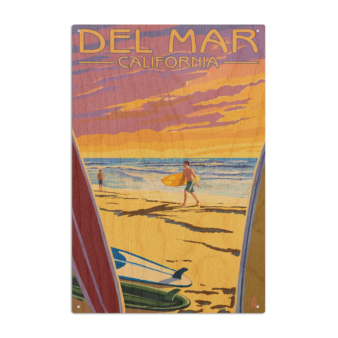 Del Mar, California, Surfers at Sunset, Lantern Press Artwork, Wood Signs and Postcards Wood Lantern Press 10 x 15 Wood Sign 