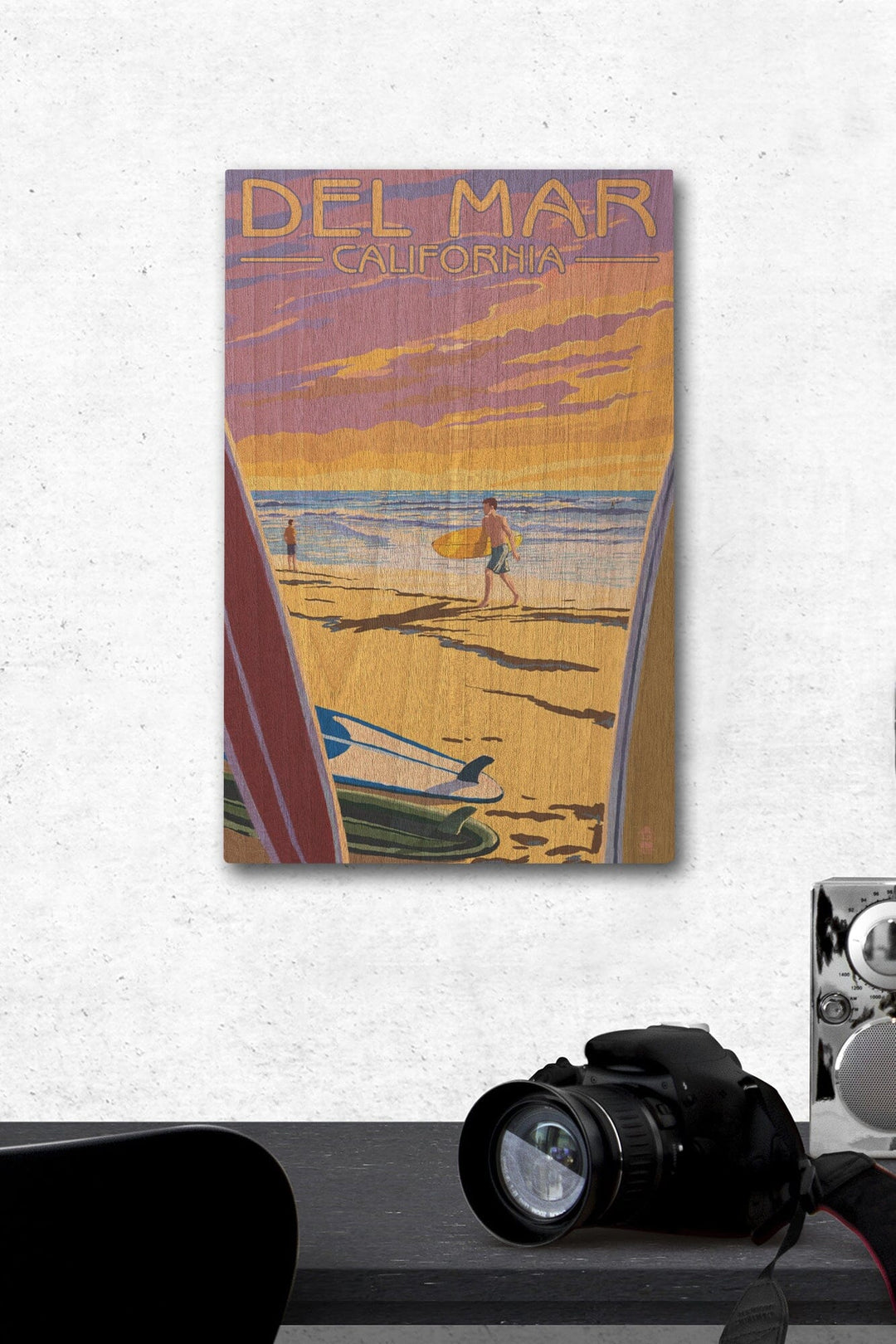 Del Mar, California, Surfers at Sunset, Lantern Press Artwork, Wood Signs and Postcards Wood Lantern Press 12 x 18 Wood Gallery Print 