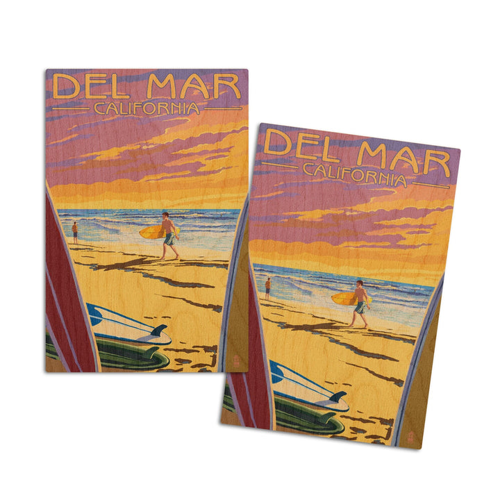 Del Mar, California, Surfers at Sunset, Lantern Press Artwork, Wood Signs and Postcards Wood Lantern Press 4x6 Wood Postcard Set 