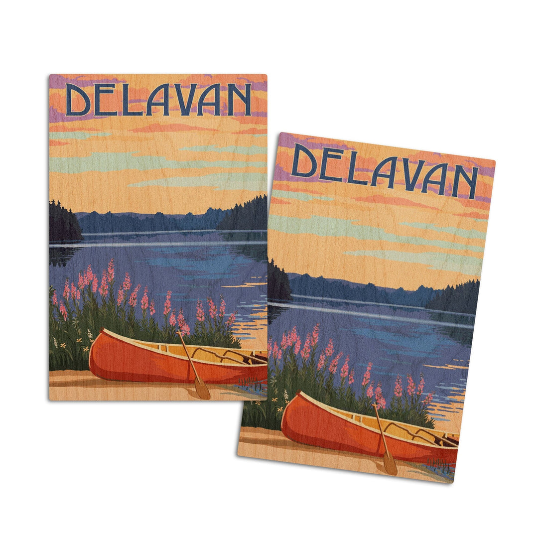 Delavan, Wisconsin, Canoe & Lake, Lantern Press Artwork, Wood Signs and Postcards Wood Lantern Press 4x6 Wood Postcard Set 