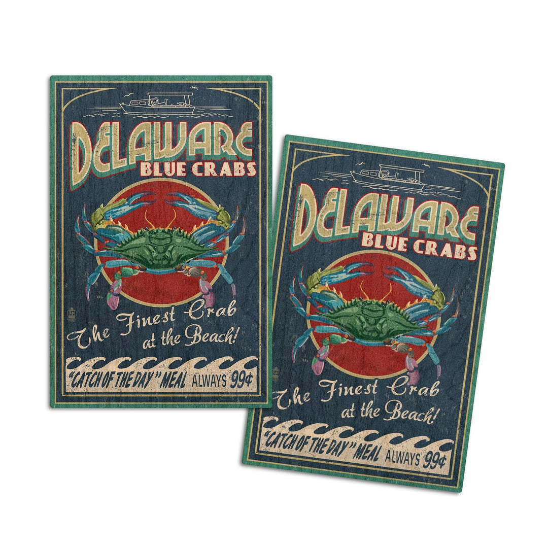 Delaware Blue Crabs Vintage Sign, Best at the Beach, Lantern Press Artwork, Wood Signs and Postcards Wood Lantern Press 4x6 Wood Postcard Set 