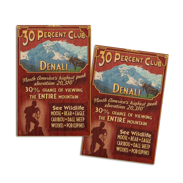 Denali, Alaska, 30% Club Vintage Sign, Lantern Press Artwork, Wood Signs and Postcards Wood Lantern Press 4x6 Wood Postcard Set 