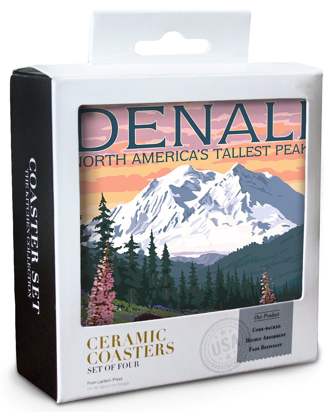 Denali, Alaska, North America's Tallest Peak, Bears & Spring Flowers, Lantern Press Artwork, Coaster Set Coasters Lantern Press 