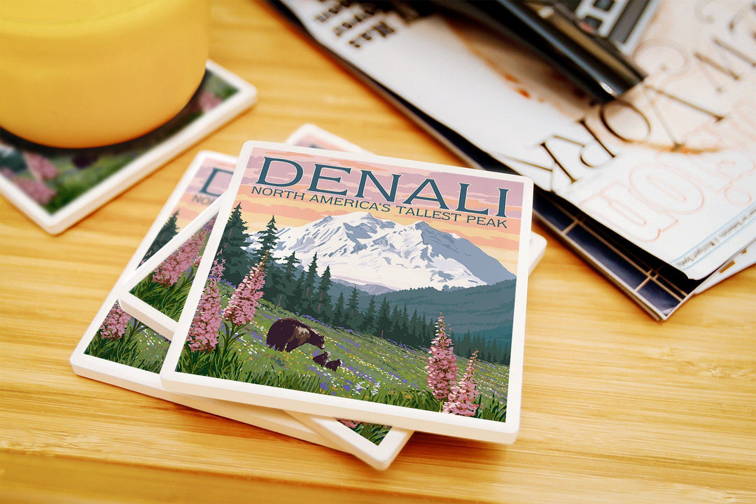 Denali, Alaska, North America's Tallest Peak, Bears & Spring Flowers, Lantern Press Artwork, Coaster Set Coasters Lantern Press 