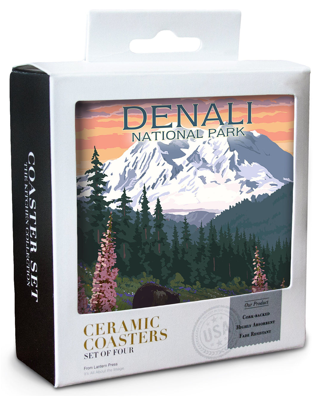 Denali National Park, Alaska, Bear and Cubs with Flowers, Lantern Press Artwork, Coaster Set Coasters Lantern Press 