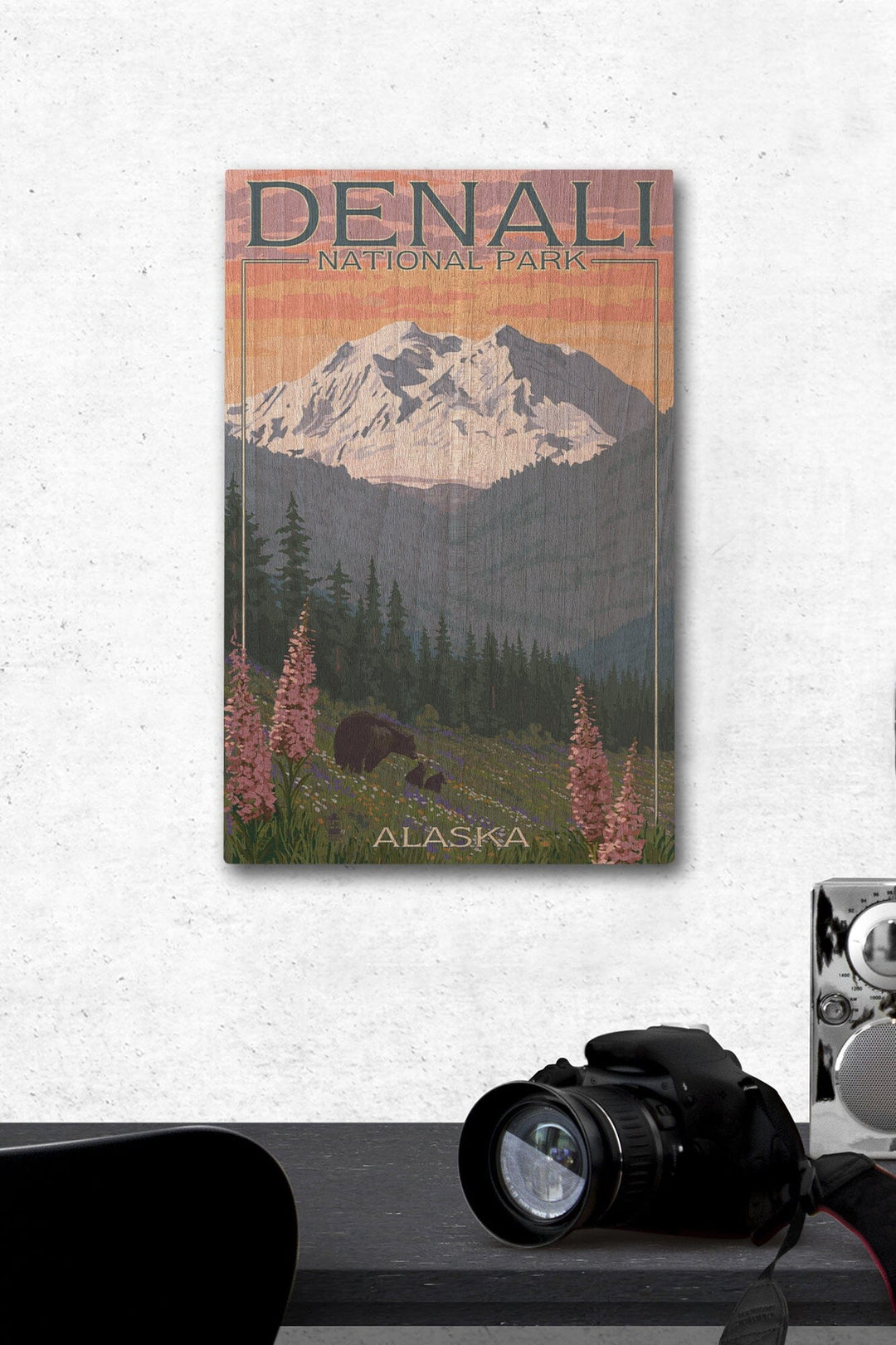 Denali National Park, Alaska, Bear and Cubs with Flowers, Lantern Press Artwork, Wood Signs and Postcards Wood Lantern Press 12 x 18 Wood Gallery Print 