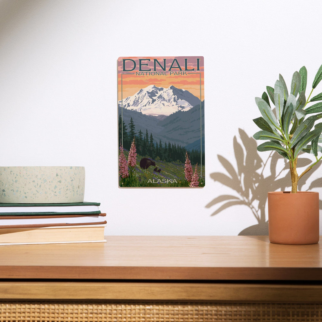 Denali National Park, Alaska, Bear and Cubs with Flowers, Lantern Press Artwork, Wood Signs and Postcards Wood Lantern Press 