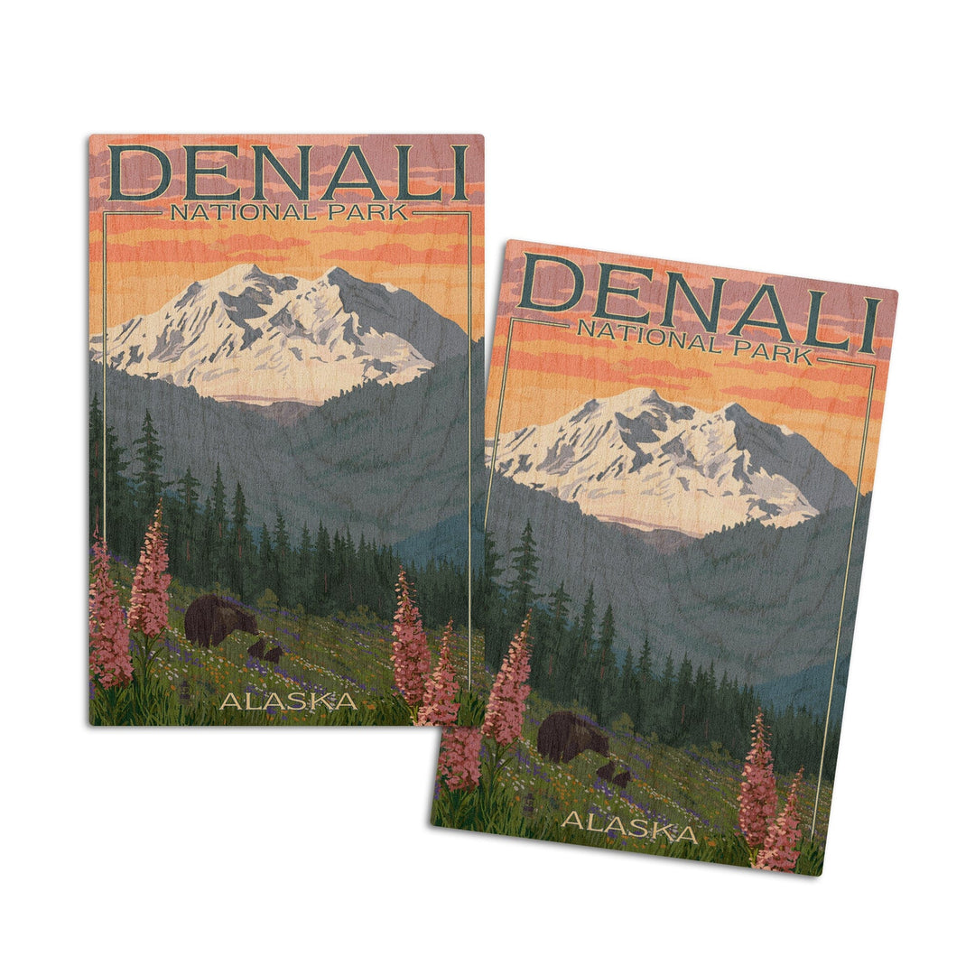 Denali National Park, Alaska, Bear and Cubs with Flowers, Lantern Press Artwork, Wood Signs and Postcards Wood Lantern Press 4x6 Wood Postcard Set 