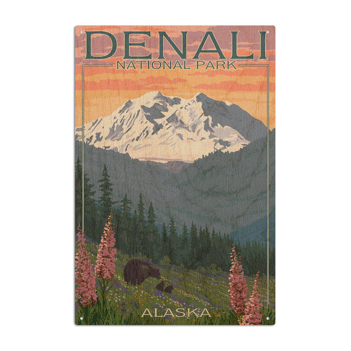 Denali National Park, Alaska, Bear and Cubs with Flowers, Lantern Press Artwork, Wood Signs and Postcards Wood Lantern Press 6x9 Wood Sign 