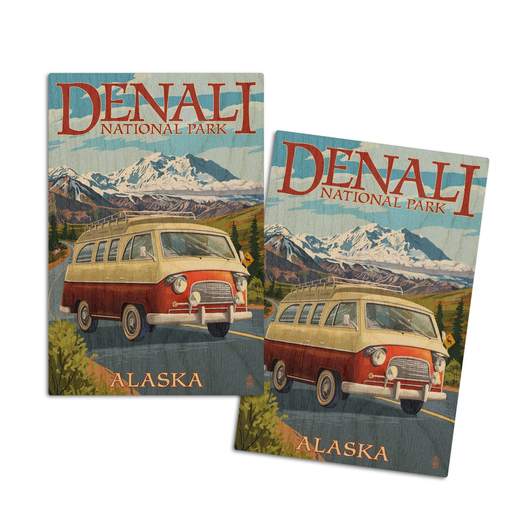 Denali National Park, Alaska, Camper Van, Lantern Press Artwork, Wood Signs and Postcards Wood Lantern Press 4x6 Wood Postcard Set 